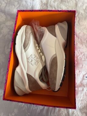 Tory Burch White and Taupe Suede-Accent Sneakers